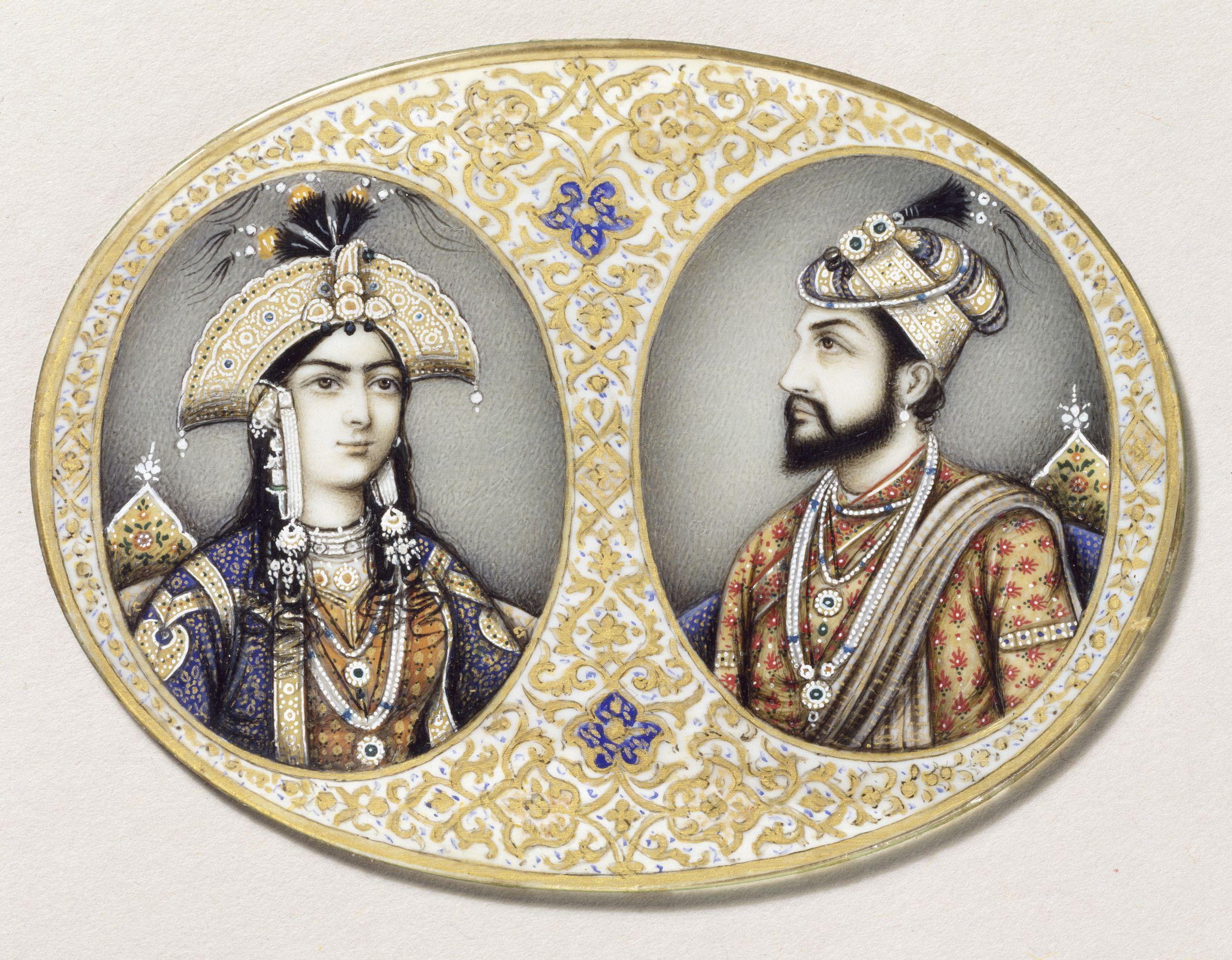 Two miniatures mounted in a carved ivory plaque depicting Shah Jahan and Arjumand Banu Begum (Mumtaz Mahal)