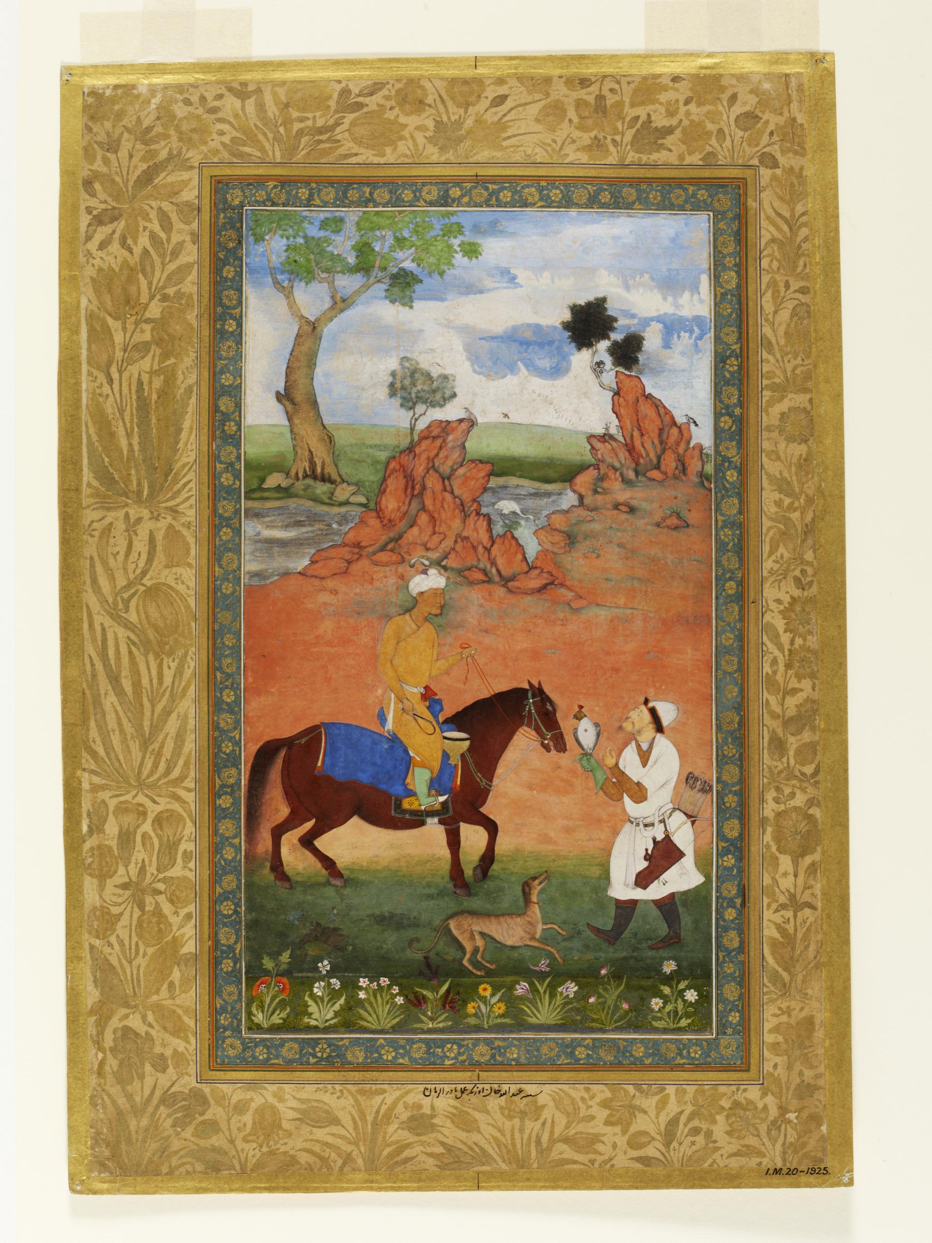 'abdullah khan uzbeg hawking; ca. 1618 mughal. painted by