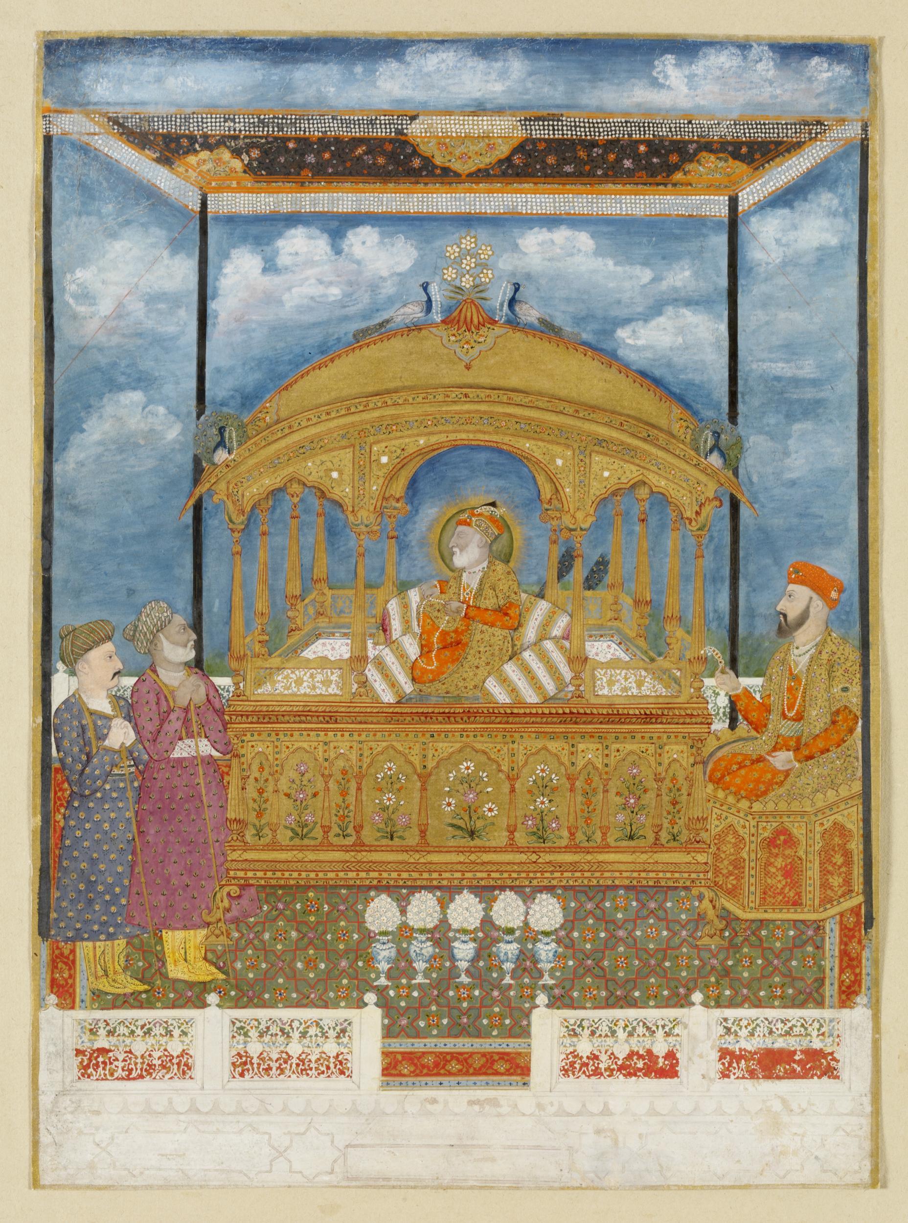 The blind Mughal emperor Shah Alam II is shown seated on a golden throne, with his son and two attendants near him.
