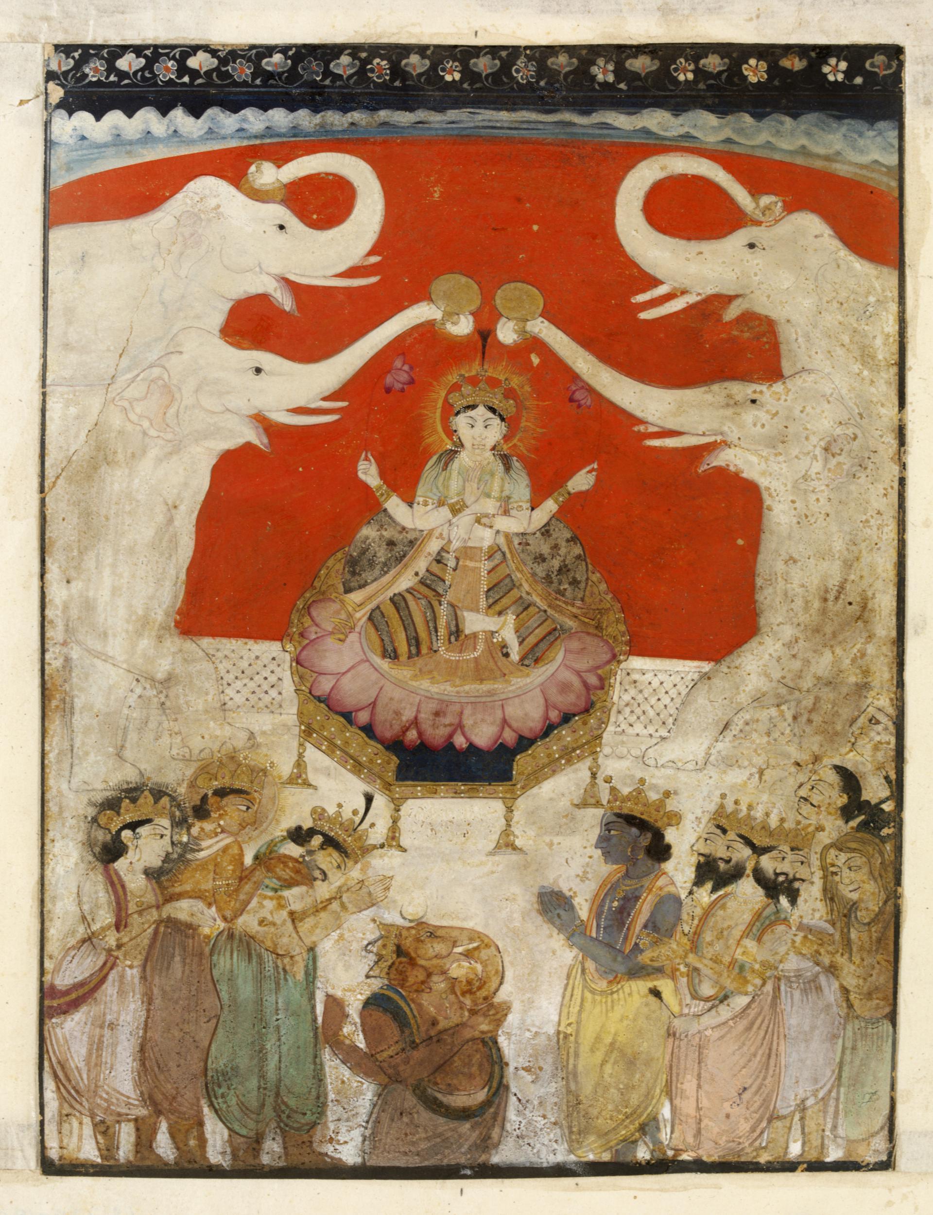 Lakshmi in Art: Image of Ganesh, Krishna and Brahma paying respect to Gaja-Lakshmi