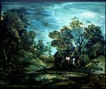 Wooded Moonlight Landscape with Pool and Figure at the Door of a CottageThomas