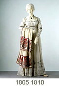White muslin evening dress worn with a scarf, 1800-10. Museum no. T.673-1913. Given by Messrs Harrods Ltd