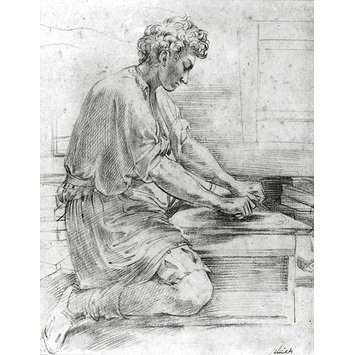 Drawing - A Painter's assistant grinding pigments