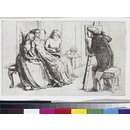 An invalid in an arm-chair, her hands held by two other ladies, one seated on each side. To the right an artist at his easel. (Print)