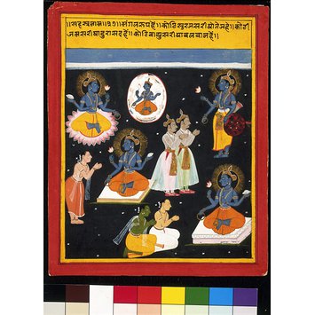 Painting - An illustration to the Vishnu Sahasranama: Vishnu worshipped in five manifestations Painting - An illustration to the Vishnu Sahasranama: Vishnu worshipped in five manifestations
