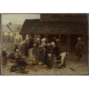 Oil painting - The Market Place of Ploudalmézeau, Brittany