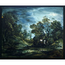 Oil painting, Glass transparency - Wooded Moonlight Landscape with Pool and Figure at the Door of a Cottage