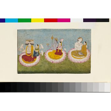 Painting - Brahma, Vishnu and Shiva seated on lotuses with their consorts