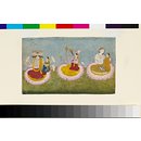Brahma, Vishnu and Shiva seated on lotuses with their consorts (Painting) Brahma, Vishnu and Shiva seated on lotuses with their consorts (Painting)