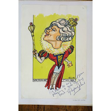 Caricature - Glynis Johns as Queen Elizabeth I in Come As You Are four short plays by John Mortimer Caricature - Glynis Johns as Queen Elizabeth I in Come As You Are four short plays by John Mortimer