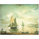 Oil painting - Coastal Scene with Sailing and Rowing Boats and Figures on Shore