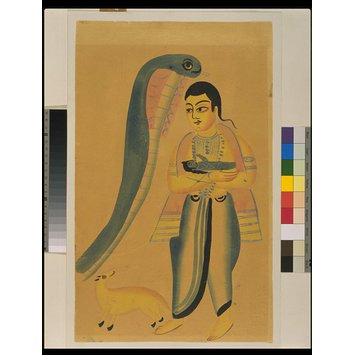 Drawing - Vasudeva holding his son, Krishna, in his arms whilst encountering a cobra