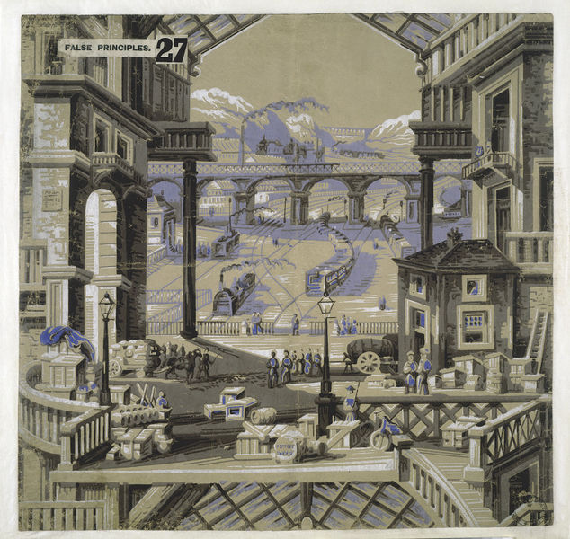 Image of a blue and grey wallpaper with a building themed design