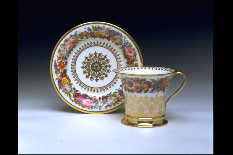 Cup and saucer, porcelain, with flowers painted in enamels and gilt, Sèvres porcelain factory, France, made 1834, decorated 1836.