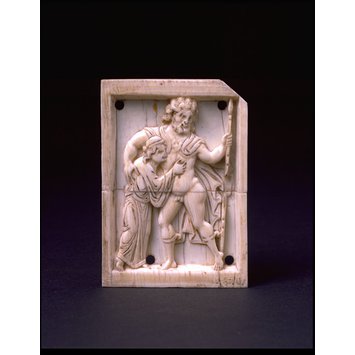 Casket panel - The Drunken Herakles supported by Priapus Casket panel - The Drunken Herakles supported by Priapus