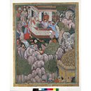 Hamza converses with Hura the genie while a dragon approaches (Painting.)