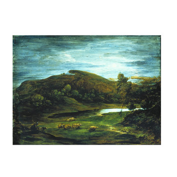 Oil painting - Open Landscape with Shepherd, Sheep, Pool and Distant Hills