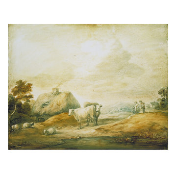 Oil painting - Open Landscape with Peasants, Cows, Sheep, Cottages and Pool