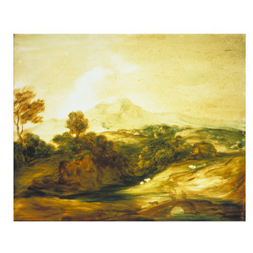 Oil painting - Wooded River Landscape with Figures on a Bridge, Cottage, Sheep and Distant Mountains Oil painting - Wooded River Landscape with Figures on a Bridge, Cottage, Sheep and Distant Mountains