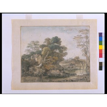 Watercolour - Landscape with Cottage and Stream Watercolour - Landscape with Cottage and Stream