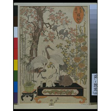 Woodblock print - Cranes and rabbits; Shellwork Exhibition at Okuyama in Asakusa Woodblock print - Cranes and rabbits; Shellwork Exhibition at Okuyama in Asakusa