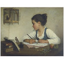 Oil painting - A Girl Writing; The Pet Goldfinch