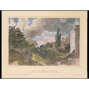 Watercolour - Trees, sky and a red house