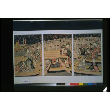 Triptych - People enjoying fireworks from boats at Ryogoku Bridge