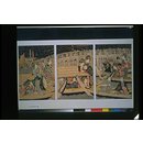 Triptych - People enjoying fireworks from boats at Ryogoku Bridge