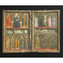 The Crucifixion with a donor in monastic habit, with the Virgin, Saints John the Evangelist, Scholastica and Agnes; Saints Emilian and Agostantia and an unidentified female saint (Tempera painting)