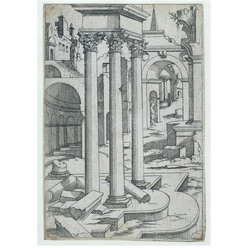 Print - The little book of architecture ruins; Three standing columns amidst architectural ruins Print - The little book of architecture ruins; Three standing columns amidst architectural ruins