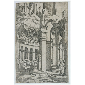 Print - Ruins with a seated draftsman; The little book of architecture ruins