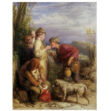 Oil painting - Giving a Bite; Giving a Bite - One Country Lad Compels Another to Give Him a Bite from his Apple