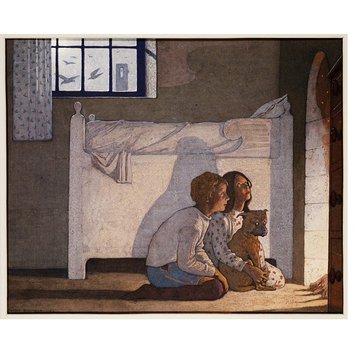 Watercolour - The children by the fireside recounting their adventures