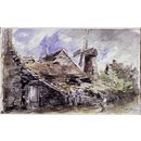 A village street with a shed, cottages and windmill (Watercolour)