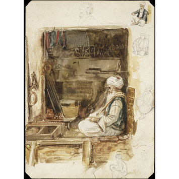 Watercolour - An old merchant in the Souk in Algiers; with figure studies Watercolour - An old merchant in the Souk in Algiers; with figure studies