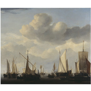Oil painting - A Kaag, pont, states yacht and other vessesl under sail over a wide sea Oil painting - A Kaag, pont, states yacht and other vessesl under sail over a wide sea