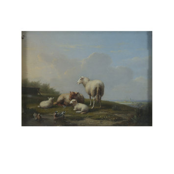 Oil painting - Landscape with sheep and ducks