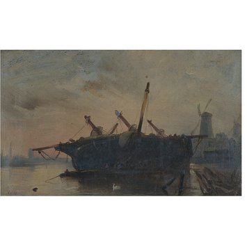 Oil painting - Careening a ship in Hove