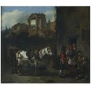 Landscape with wagon and horses at inn door (Oil painting)