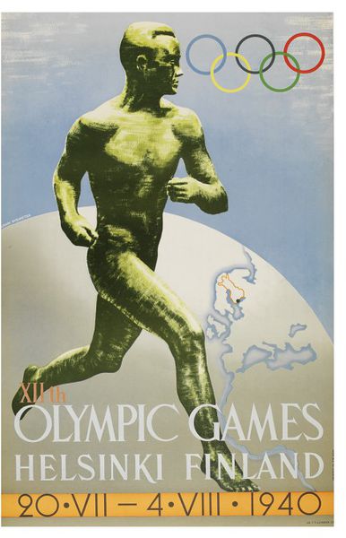 Olumpic poster showing male runner and globe, 1940