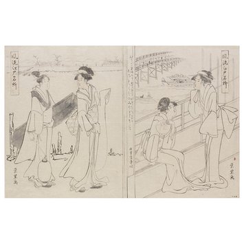 Painting - Two pairs of beauties - one at a window, the other taking a walk; Fashionable Famous Views of Edo