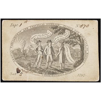 Print - Membership card, Annual parliaments and universal suffrage. Justice and Equality of Rights. Corresponding Society Print - Membership card, Annual parliaments and universal suffrage. Justice and Equality of Rights. Corresponding Society
