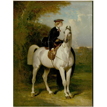 Oil painting - A Fair Equestrian; Amazone blonde au petit béret sur un cheval gris Oil painting - A Fair Equestrian; Amazone blonde au petit béret sur un cheval gris