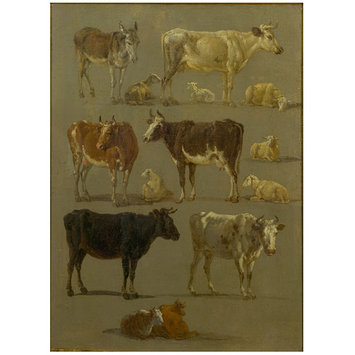 Oil painting - Studies of Animals: Cows and Oxen, Sheep and a Donkey