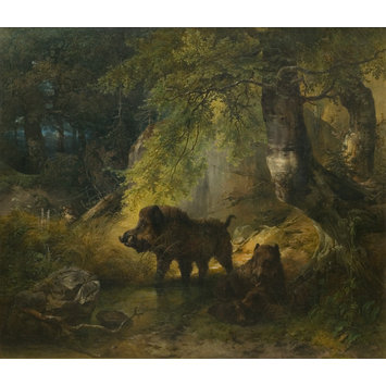 Oil painting - Wild boars and wolf Oil painting - Wild boars and wolf