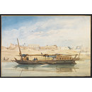 A Kanja on the Nile at Luxor, with the Temple of Luxor behind (Watercolour)