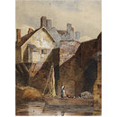 Canal scene with barge and houses in background (Watercolour)