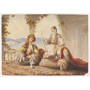 Watercolour - Two Turks, with a Servant, smoking on a Terrace overlooking a Lake or Sea in Turkey or Greece