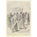 Figure in Arab dress (probably Lord Kitchener) with a group of Arab men in front of a temple (Watercolour) Figure in Arab dress (probably Lord Kitchener) with a group of Arab men in front of a temple (Watercolour)